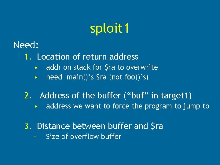 sploit 1 Need: 1. Location of return address • • addr on stack for