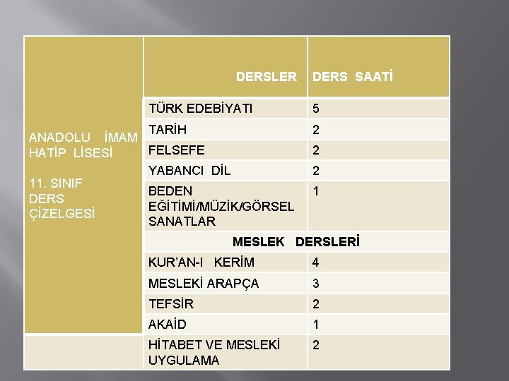 DERSLER TÜRK EDEBİYATI TARİH ANADOLU İMAM FELSEFE HATİP LİSESİ YABANCI DİL 11. SINIF BEDEN