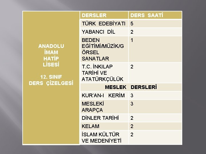 DERSLER DERS SAATİ TÜRK EDEBİYATI 5 ANADOLU İMAM HATİP LİSESİ 12. SINIF DERS ÇİZELGESİ