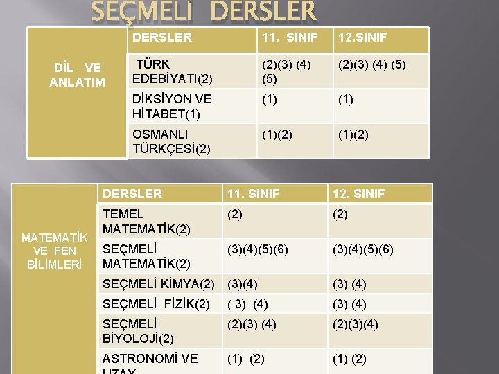 SEÇMELİ DERSLER DİL VE ANLATIM MATEMATİK VE FEN BİLİMLERİ DERSLER 11. SINIF 12. SINIF