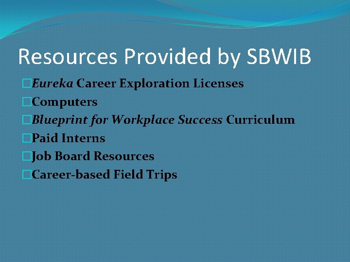 Resources Provided by SBWIB �Eureka Career Exploration Licenses �Computers �Blueprint for Workplace Success Curriculum