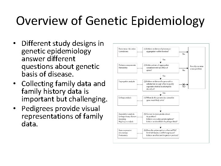 Overview of Genetic Epidemiology • Different study designs in genetic epidemiology answer different questions