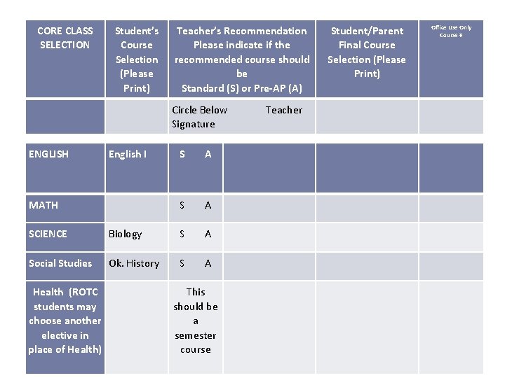 CORE CLASS SELECTION Student’s Course Selection (Please Print) Teacher’s Recommendation Please indicate if the