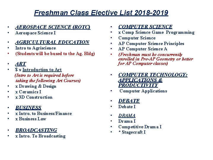 Freshman Class Elective List 2018 -2019 • COMPUTER SCIENCE • • • x Comp