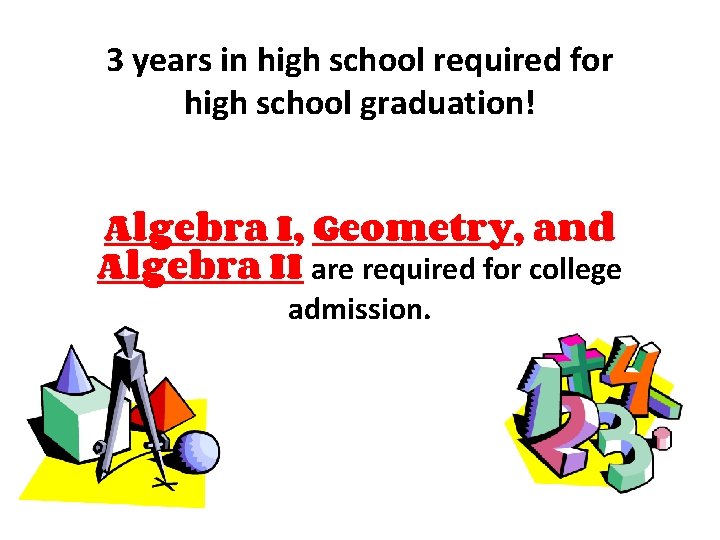 3 years in high school required for high school graduation! Algebra I, Geometry, and