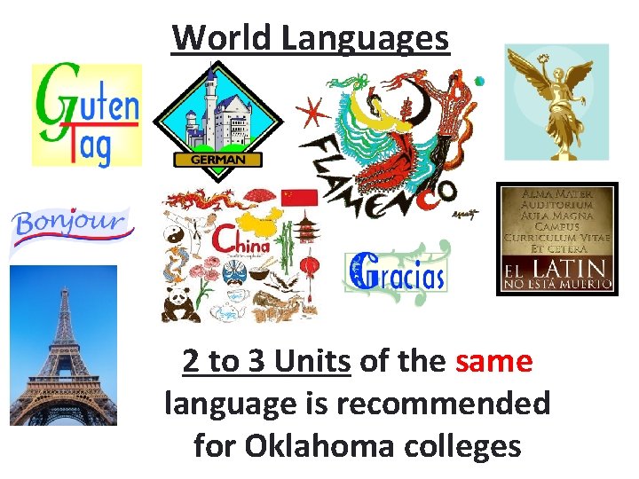 World Languages 2 to 3 Units of the same language is recommended for Oklahoma
