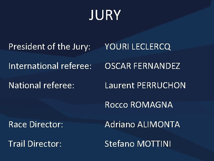 JURY President of the Jury: YOURI LECLERCQ International referee: OSCAR FERNANDEZ National referee: Laurent