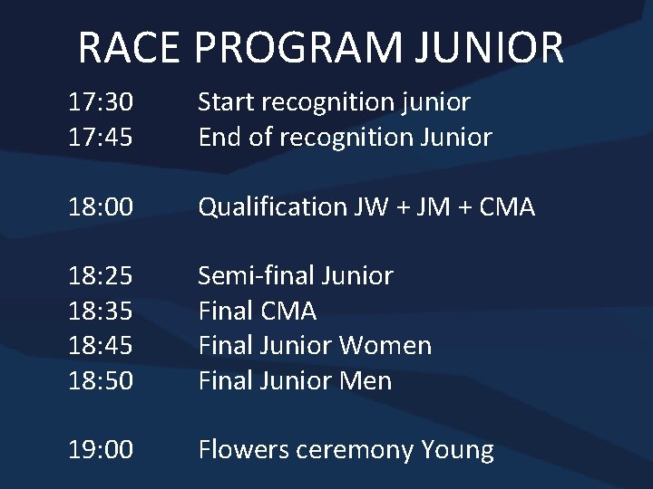 RACE PROGRAM JUNIOR 17: 30 17: 45 Start recognition junior End of recognition Junior