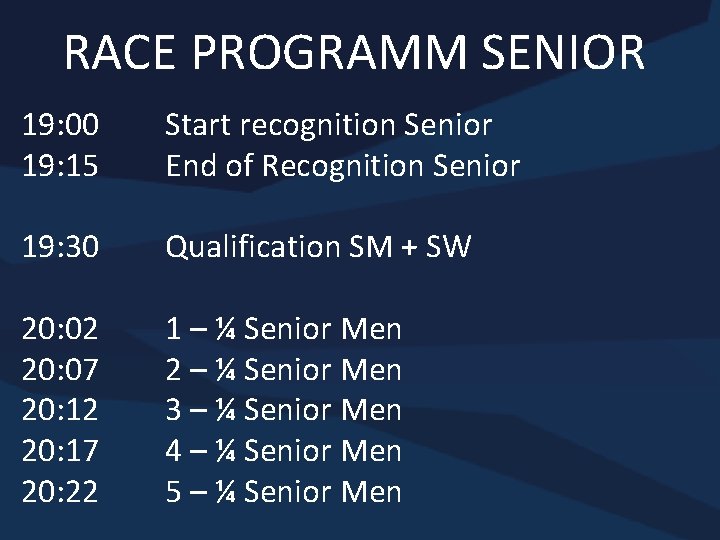 RACE PROGRAMM SENIOR 19: 00 19: 15 Start recognition Senior End of Recognition Senior
