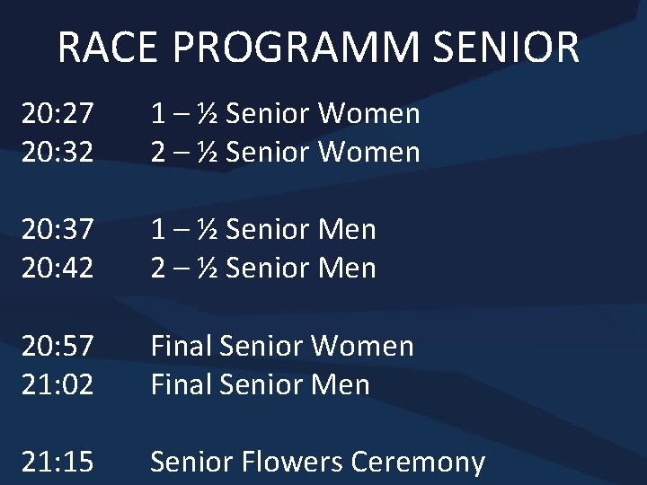 RACE PROGRAMM SENIOR 20: 27 20: 32 1 – ½ Senior Women 20: 37