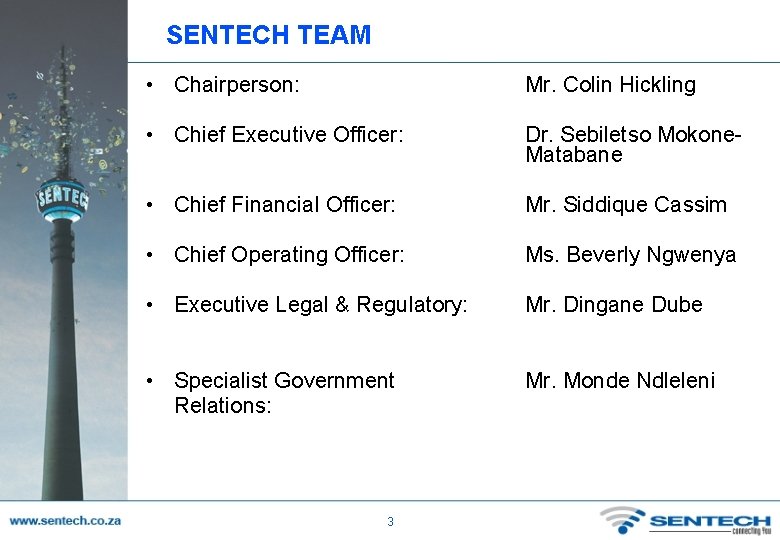 SENTECH TEAM • Chairperson: Mr. Colin Hickling • Chief Executive Officer: Dr. Sebiletso Mokone.