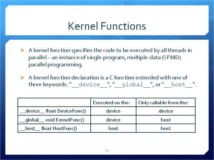 Kernel Functions Ø A kernel function specifies the code to be executed by all