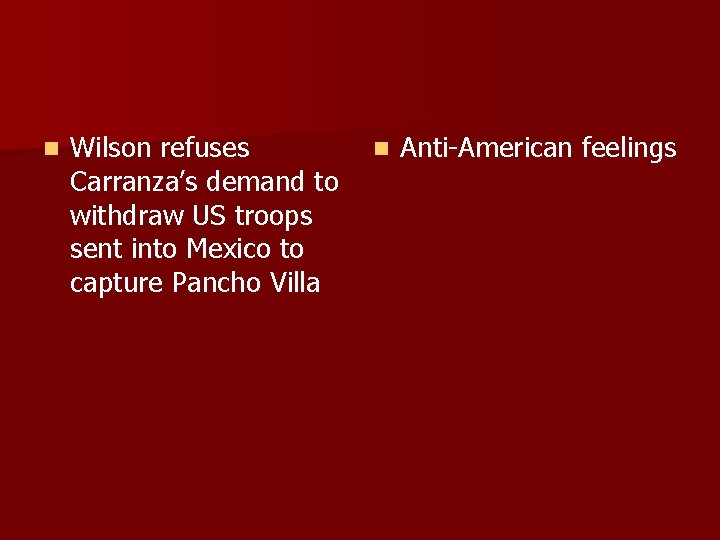 n Wilson refuses Carranza’s demand to withdraw US troops sent into Mexico to capture