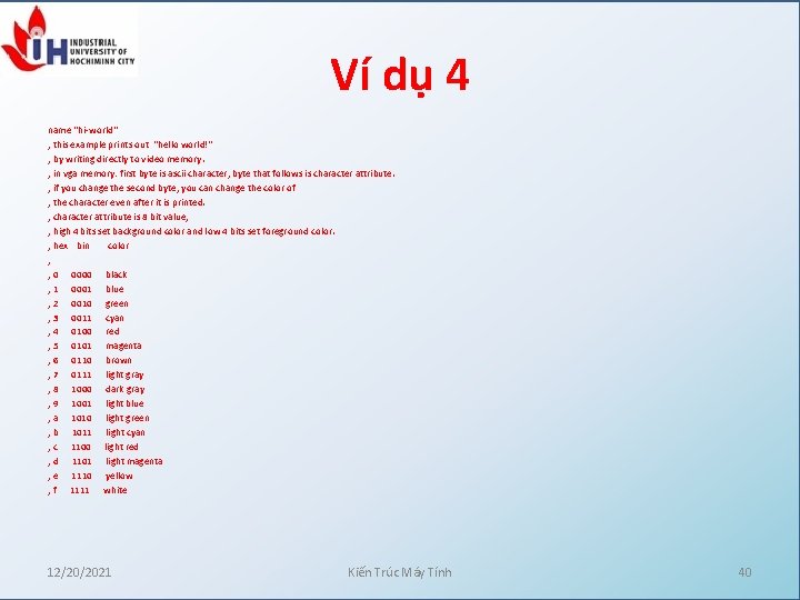 Ví dụ 4 name "hi-world" ; this example prints out "hello world!" ; by
