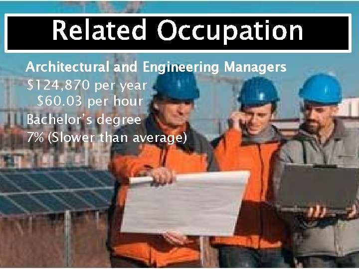 Related Occupation Architectural and Engineering Managers $124, 870 per year $60. 03 per hour