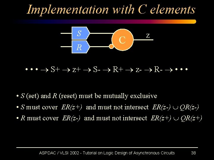 Implementation with C elements S R C z • • • S+ z+ S-