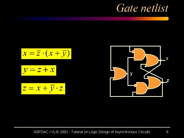 Gate netlist x y z ASPDAC / VLSI 2002 - Tutorial on Logic Design