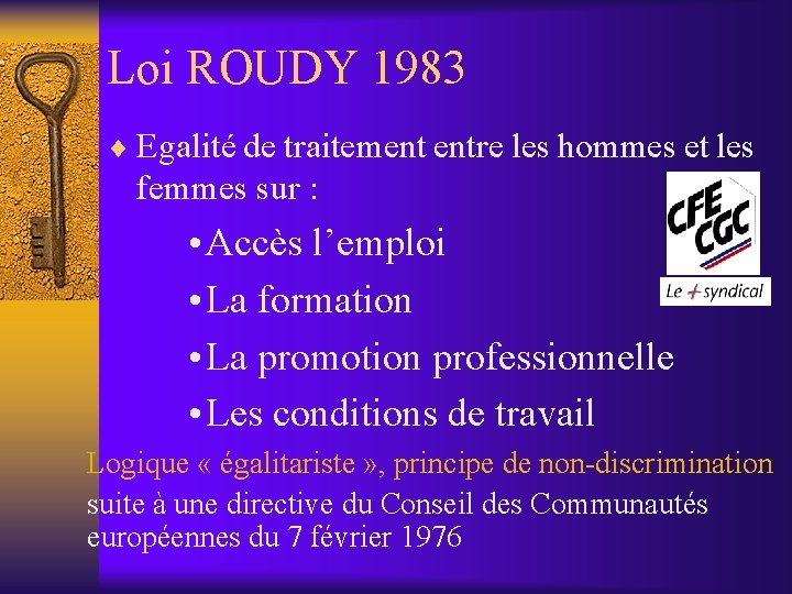 Loi ROUDY 1983 ¨ Egalité de traitement entre les hommes et les femmes sur