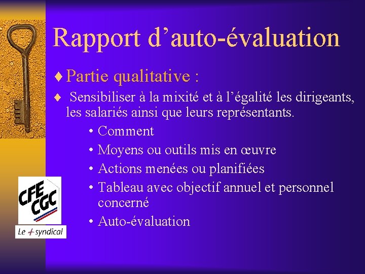 Rapport d’auto-évaluation ¨ Partie qualitative : ¨ Sensibiliser à la mixité et à l’égalité