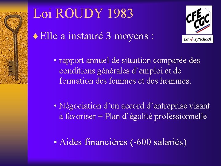 Loi ROUDY 1983 ¨ Elle a instauré 3 moyens : • rapport annuel de