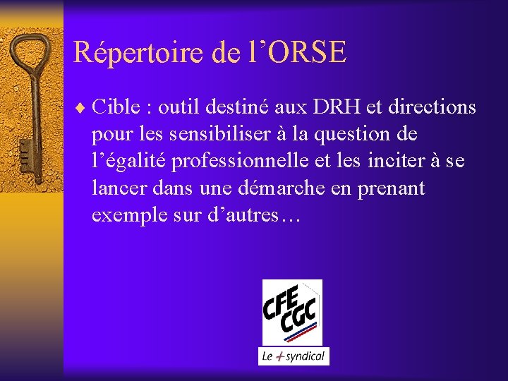 Répertoire de l’ORSE ¨ Cible : outil destiné aux DRH et directions pour les