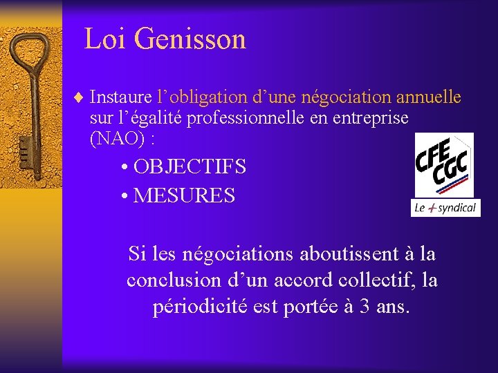 Loi Genisson ¨ Instaure l’obligation d’une négociation annuelle sur l’égalité professionnelle en entreprise (NAO)
