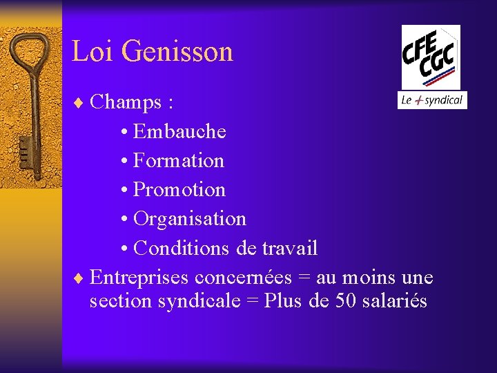 Loi Genisson ¨ Champs : • Embauche • Formation • Promotion • Organisation •