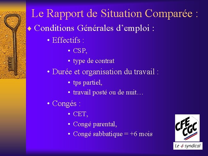 Le Rapport de Situation Comparée : ¨ Conditions Générales d’emploi : • Effectifs :