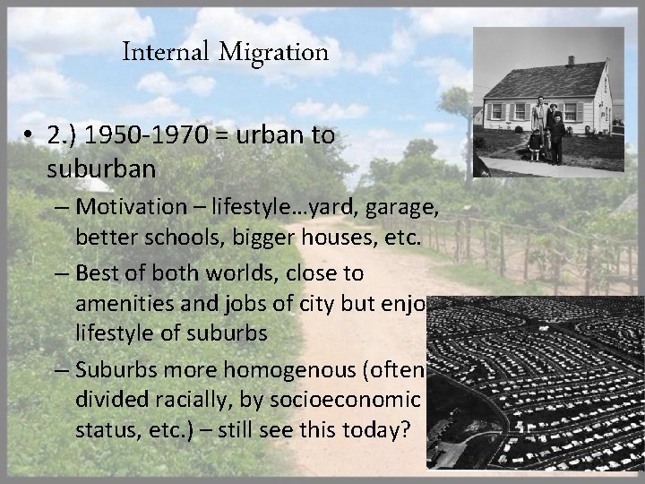 Internal Migration • 2. ) 1950 -1970 = urban to suburban – Motivation –