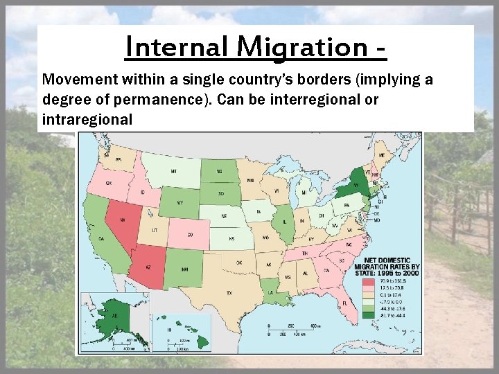 Internal Migration Movement within a single country’s borders (implying a degree of permanence). Can