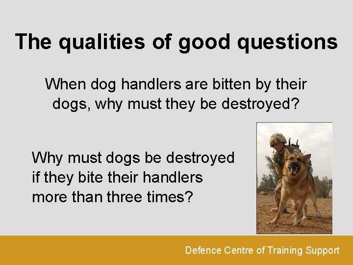 The qualities of good questions When dog handlers are bitten by their dogs, why