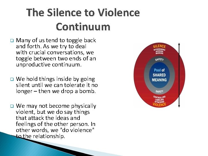 The Silence to Violence Continuum q Many of us tend to toggle back and