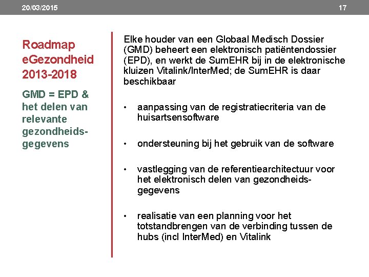 20/03/2015 Roadmap e. Gezondheid 2013 -2018 GMD = EPD & het delen van relevante