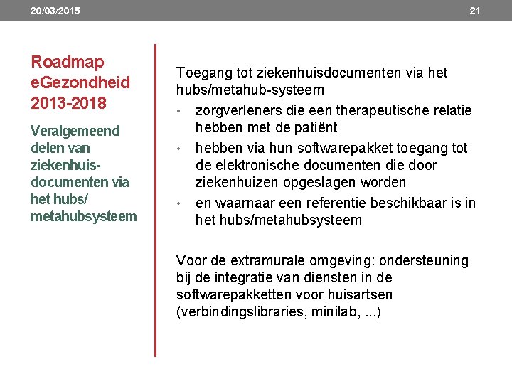 20/03/2015 Roadmap e. Gezondheid 2013 -2018 Veralgemeend delen van ziekenhuisdocumenten via het hubs/ metahubsysteem