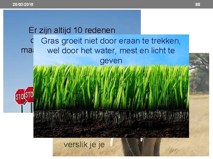 20/03/2015 88 Er zijn altijd 10 redenen om. Gras niet te veranderen, groeit niet