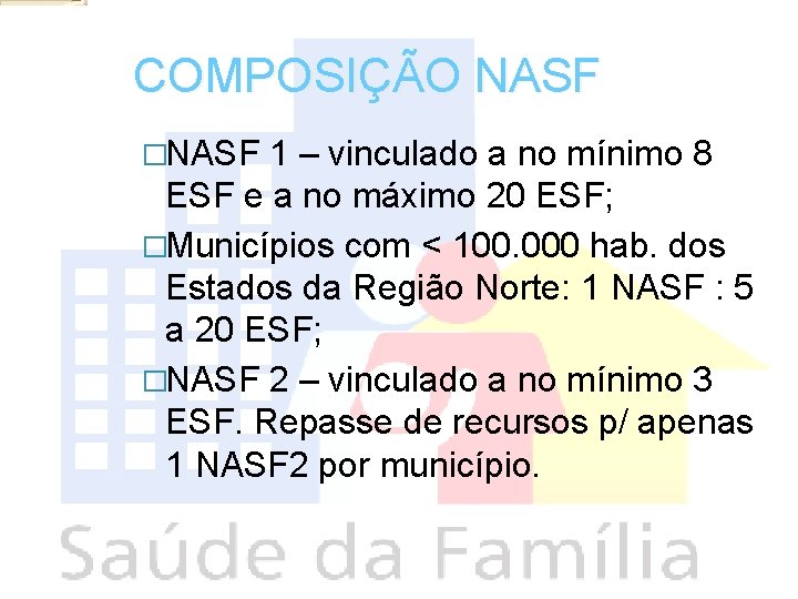 COMPOSIÇÃO NASF �NASF 1 – vinculado a no mínimo 8 ESF e a no