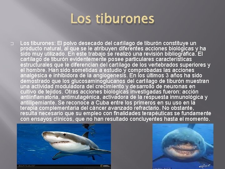 Los tiburones � Los tiburones: El polvo desecado del cartílago de tiburón constituye un