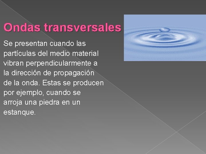 Ondas transversales Se presentan cuando las partículas del medio material vibran perpendicularmente a la