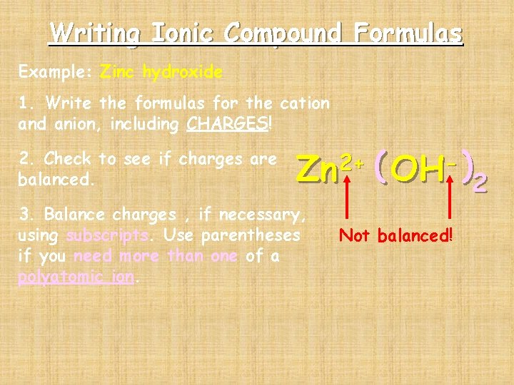 Writing Ionic Compound Formulas Example: Zinc hydroxide 1. Write the formulas for the cation