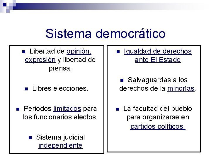 Sistema democrático Libertad de opinión, expresión y libertad de prensa. n n Igualdad de