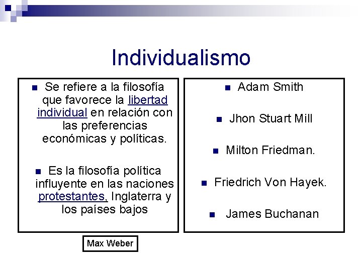 Individualismo Se refiere a la filosofía que favorece la libertad individual en relación con