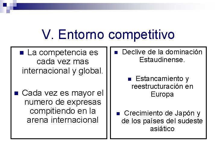 V. Entorno competitivo La competencia es cada vez mas internacional y global. n n