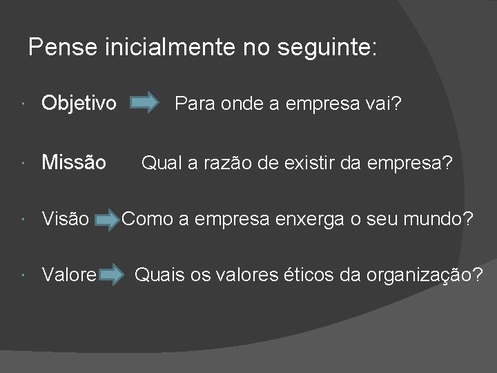 Pense inicialmente no seguinte: Objetivo Missão Visão Valore Para onde a empresa vai? Qual