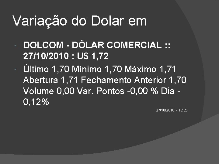 Variação do Dolar em DOLCOM - DÓLAR COMERCIAL : : 27/10/2010 : U$ 1,