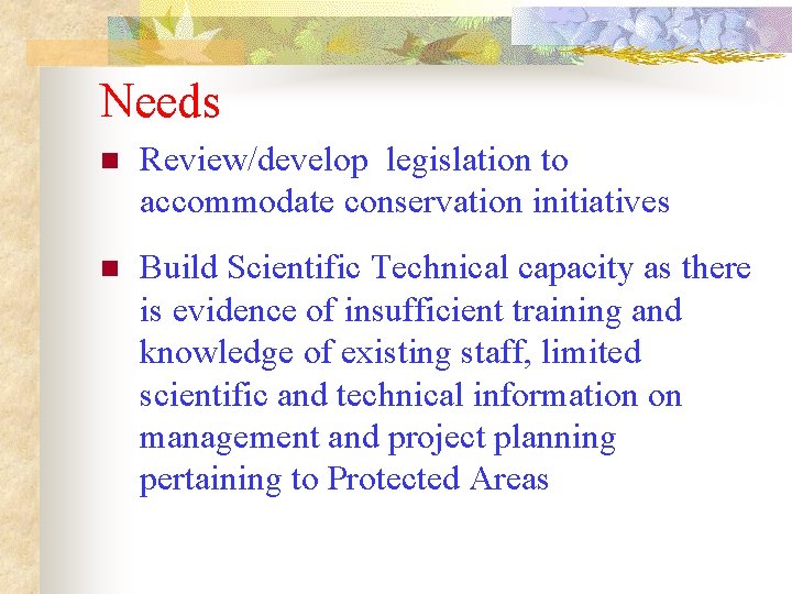 Needs n Review/develop legislation to accommodate conservation initiatives n Build Scientific Technical capacity as