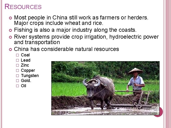 RESOURCES Most people in China still work as farmers or herders. Major crops include