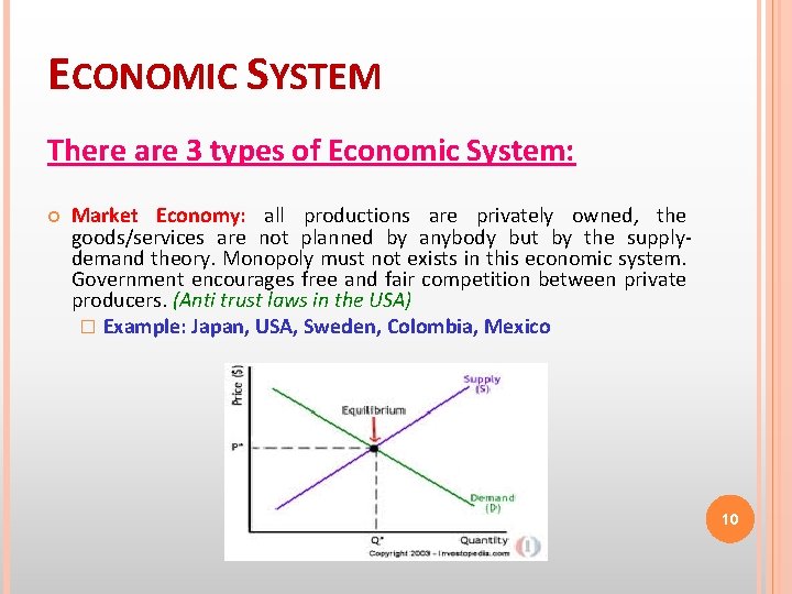 ECONOMIC SYSTEM There are 3 types of Economic System: Market Economy: all productions are