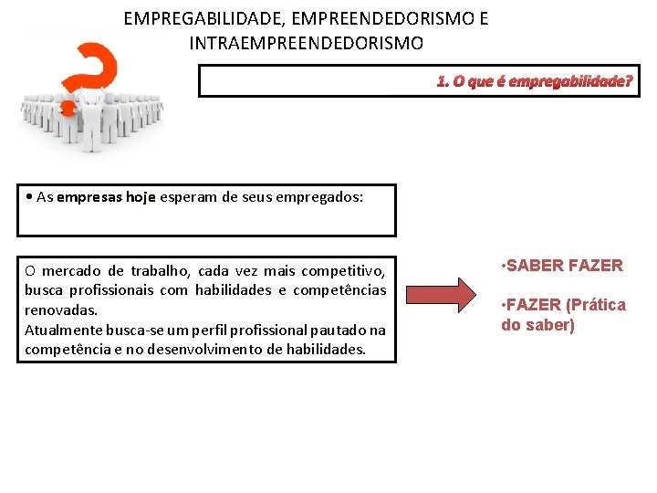 EMPREGABILIDADE, EMPREENDEDORISMO E INTRAEMPREENDEDORISMO 1. O que é empregabilidade? • As empresas hoje esperam