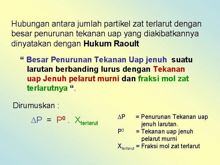 Hubungan antara jumlah partikel zat terlarut dengan besar penurunan tekanan uap yang diakibatkannya dinyatakan