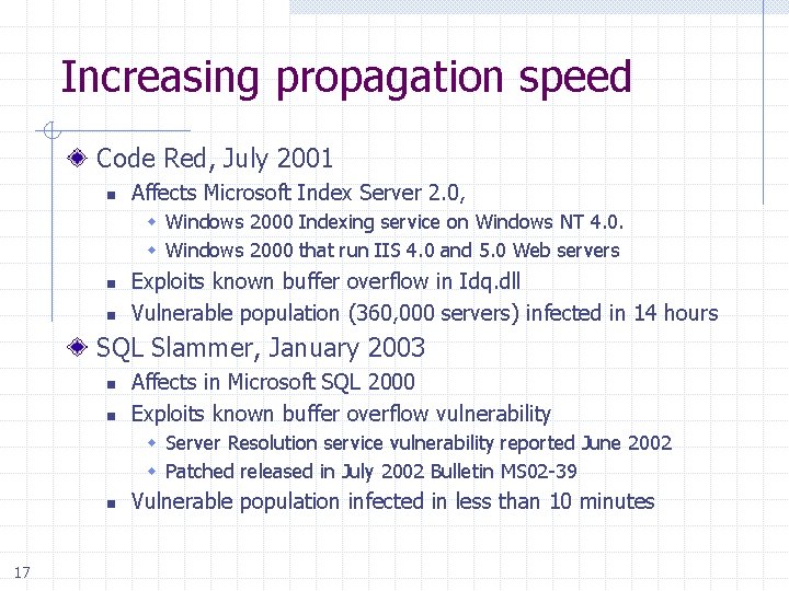 Increasing propagation speed Code Red, July 2001 n Affects Microsoft Index Server 2. 0,